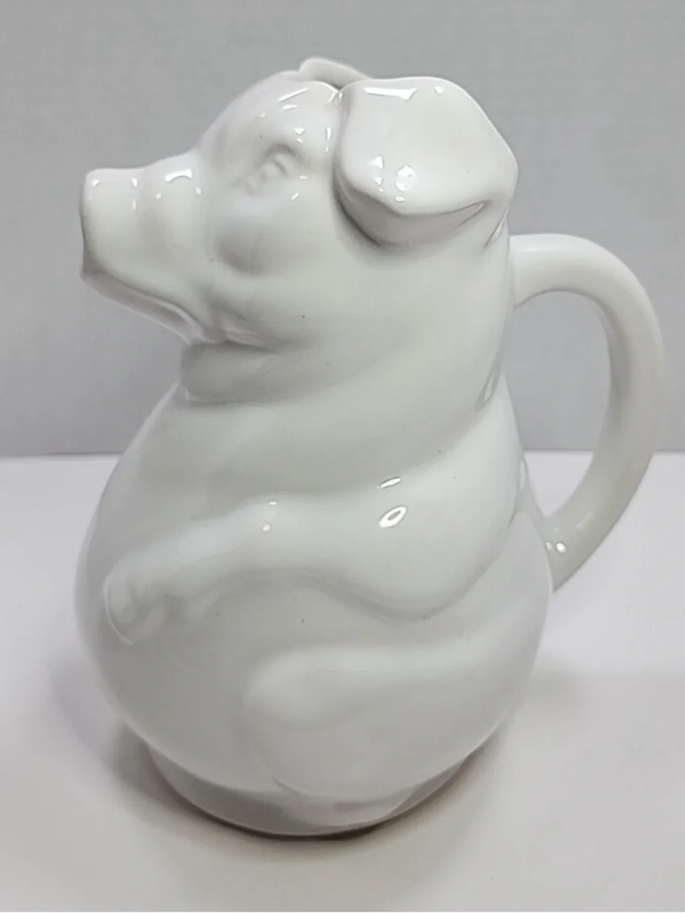 Vintage White Ceramic Pig Pitcher 10” Figural Hog Farmhouse Kitchen Jug